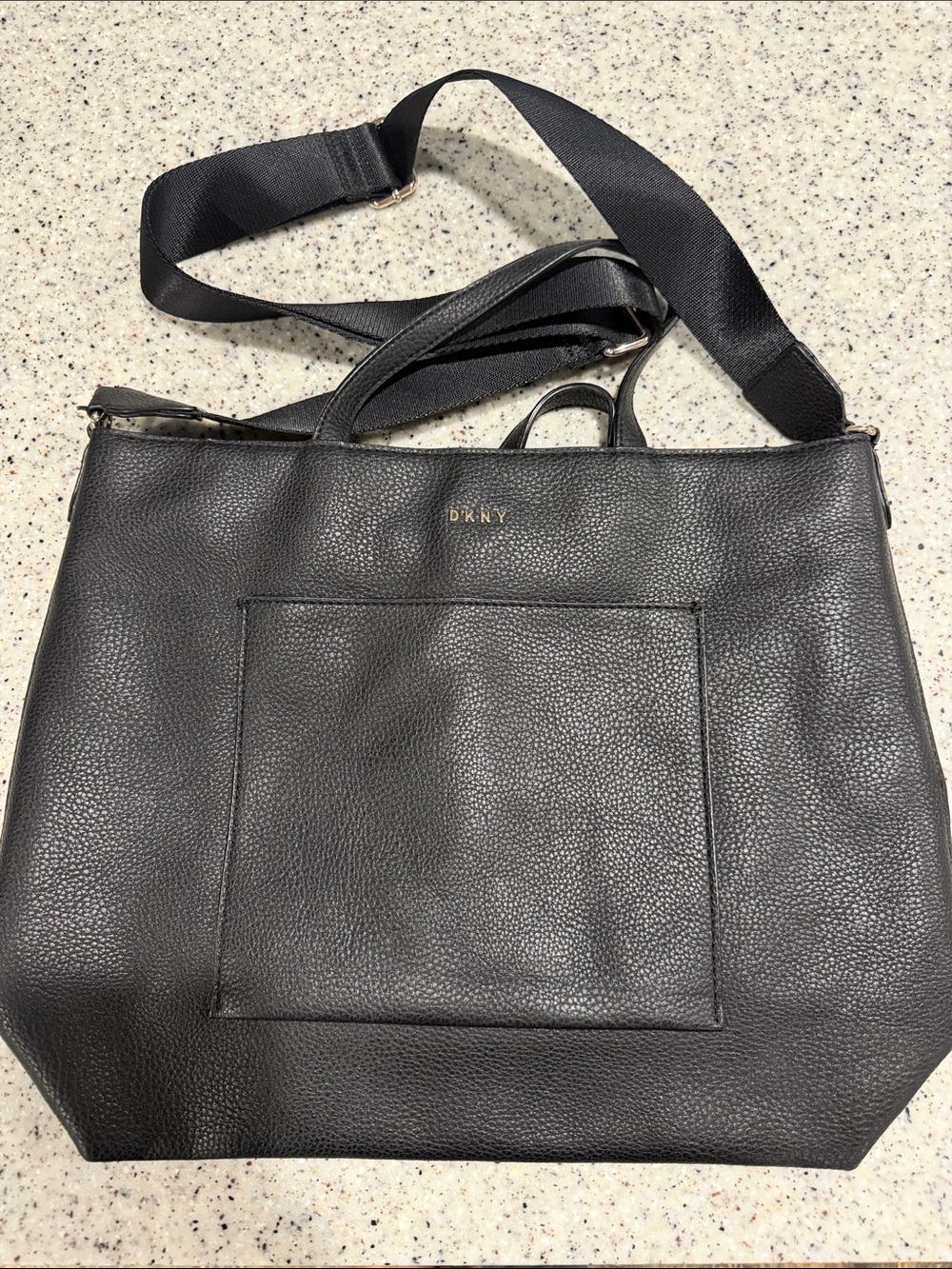 DKNY Black Pebbled Leather Messenger Tote with Adjustable Strap